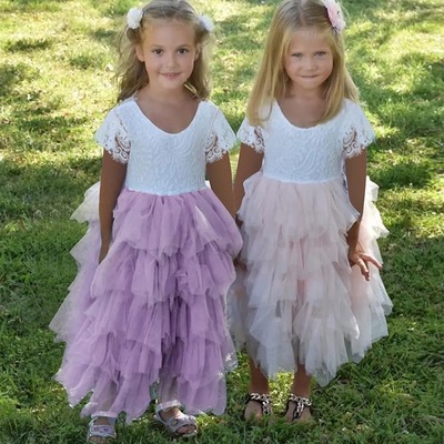 Short Sleeves Tulle Flower Girl Dresses with Lace