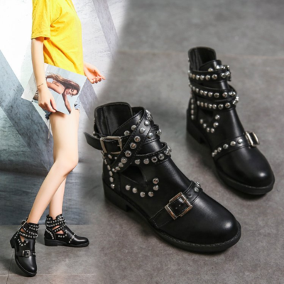 Black studded buckle design ankle boots - Thumbnail 5