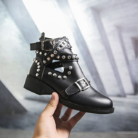 Black Studded Buckle Design Ankle Boots - Thumbnail 3