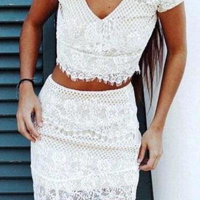 Charming sleeveless white lace homecoming dress,two pieces prom dress - Thumbnail 5