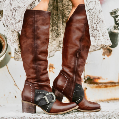 Classic high heels brown retro vintage boots - Thumbnail 5