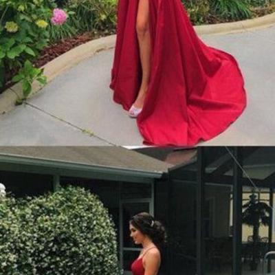 A line spaghetti straps long prom dress, sexy high slit red evening dress - Thumbnail 5