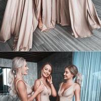 Beauty A-Line Champagne Split Satin Bridesmaid Dress,Long Prom Dress - Thumbnail 2