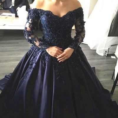 Navy Blue Lace Appliques Long Sleeves Ball Gowns Wedding Dress with Off Shoulder,210