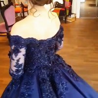 Navy Blue Lace Appliques Long Sleeves Ball Gowns Wedding Dress with Off Shoulder,210 - Thumbnail 2