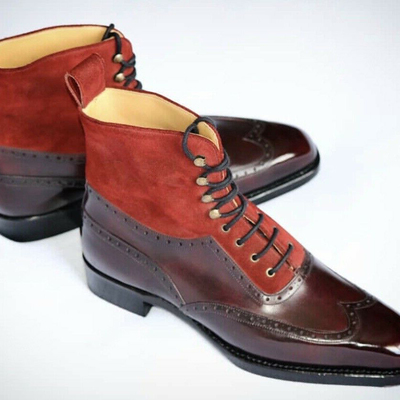 Handmade luxury suede & brown leather shaded leather ankle boots for men's - Thumbnail 5