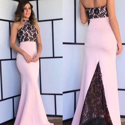 Halter mermaid pink bridesmaid dresses with lace - Thumbnail 4