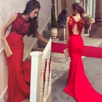 Mermaid dark red prom dresses with appliques gh78 - Thumbnail 3