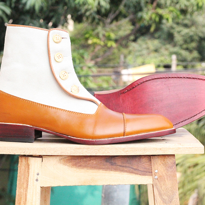 Handmade white suede & tan leather button cap toe ankle boots for men's - Thumbnail 3