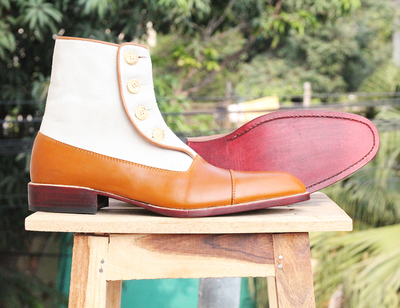 Handmade White Suede & Tan Leather Button Cap Toe Ankle Boots for Men's