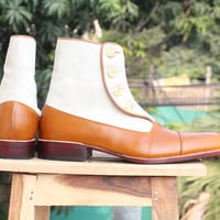 Handmade White Suede & Tan Leather Button Cap Toe Ankle Boots for Men's - Thumbnail 1