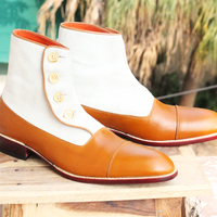 Handmade White Suede & Tan Leather Button Cap Toe Ankle Boots for Men's - Thumbnail 2