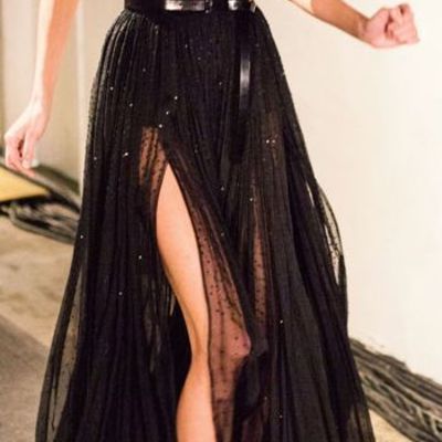 A line party dress black prom dress,long high slit party dress,halter evening dress with tulle party dress,214