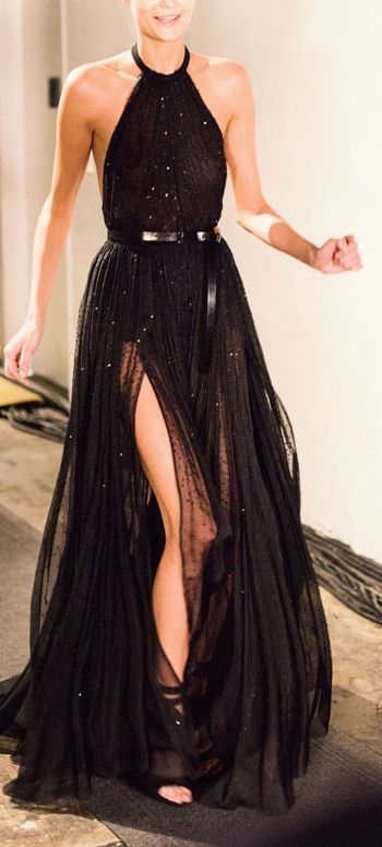 A Line party dress Black Prom Dress,Long high slit Party Dress,Halter Evening Dress with tulle party dress,214