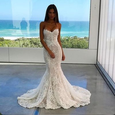 Sleeveless mermaid lace wedding dress,v-neck sweep train prom dress ,evening dress,215 - Thumbnail 4