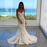 Sleeveless Mermaid Lace Wedding Dress,v-neck sweep train prom dress ,evening dress,215 - Thumbnail 1