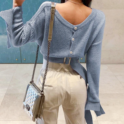 Pastel blue cross back button buckle knitted top - Thumbnail 3