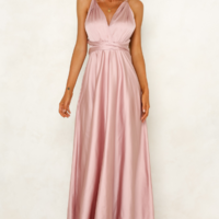 Satin V Neck Spaghetti Strap Dresses - Thumbnail 2