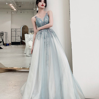 Stylish blue v neck tulle long prom dress, evening dress - Thumbnail 4