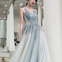 Stylish blue v neck tulle long prom dress, evening dress - Thumbnail 1