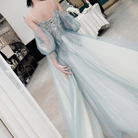 Stylish blue v neck tulle long prom dress, evening dress - Thumbnail 2