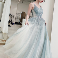 Stylish blue v neck tulle long prom dress, evening dress - Thumbnail 3