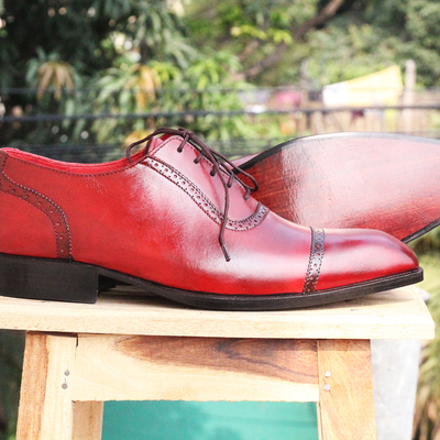 Handmade men's designing shoes, men's burgundy leather cap toe lace up shoes - Thumbnail 4