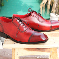 Handmade Men's Designing Shoes, Men's Burgundy Leather Cap Toe Lace Up Shoes - Thumbnail 1