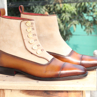 Handmade Beige Brown Suede Leather Button Top Cap Toe Ankle High Boots for Men's - Thumbnail 2