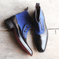 Handmade Black Blue Suede Leather Button Top Brogue Ankle High Boots for Men's - Thumbnail 1