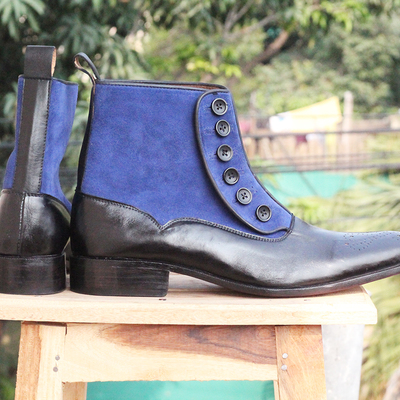 Handmade black blue suede leather button top brogue ankle high boots for men's - Thumbnail 4