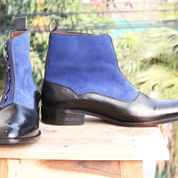 Handmade Black Blue Suede Leather Button Top Brogue Ankle High Boots for Men's - Thumbnail 2
