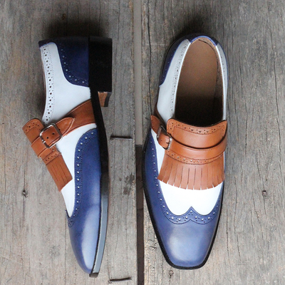 Handmade men's blue white brown leather fringe slip on loafers wing tip shoes - Thumbnail 3