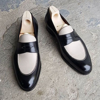 Handmade Men's Black White Pebbled Leather Slip On Loafers shoes - Thumbnail 1