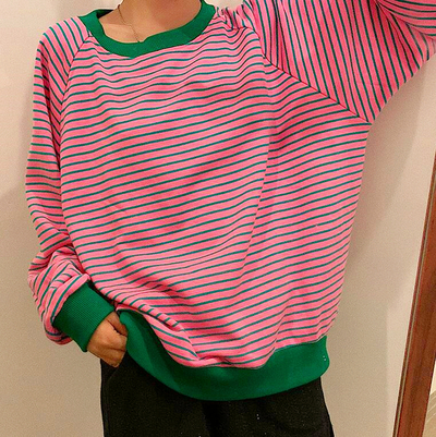 Pink and Green Color Block Stripe Sweatshirt