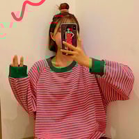 Pink and Green Color Block Stripe Sweatshirt - Thumbnail 4