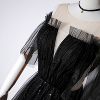 Black tulle sequins long prom dress, evening dress - Thumbnail 1