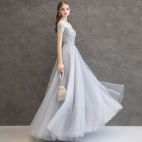 Gray tulle sequins long prom dress, blue evening dress - Thumbnail 1