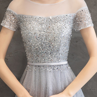 Gray tulle sequins long prom dress, blue evening dress - Thumbnail 2