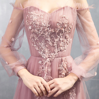 Pink tulle lace long prom dress, pink evening dress - Thumbnail 1