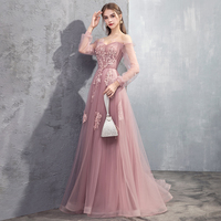 Pink tulle lace long prom dress, pink evening dress - Thumbnail 2