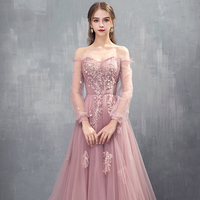 Pink tulle lace long prom dress, pink evening dress - Thumbnail 3