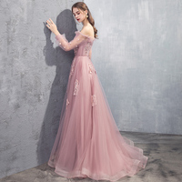 Pink tulle lace long prom dress, pink evening dress - Thumbnail 4
