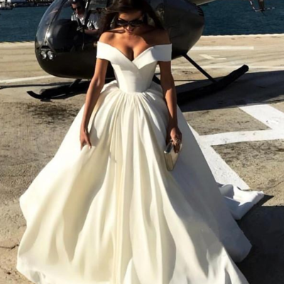 Off the shoulder v-neck satin ball gown wedding dresses - Thumbnail 4