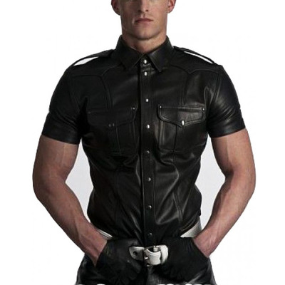 Men's leather shirt genuine police uniform black jacket biker - Thumbnail 3