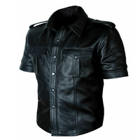 Men's Leather Shirt Genuine Police Uniform Black Jacket Biker - Thumbnail 3