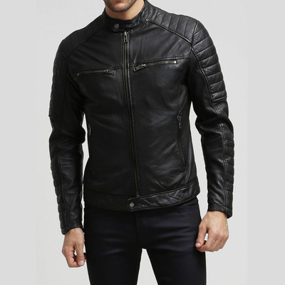 Handmade lambskin leather men's black padded leather jacket