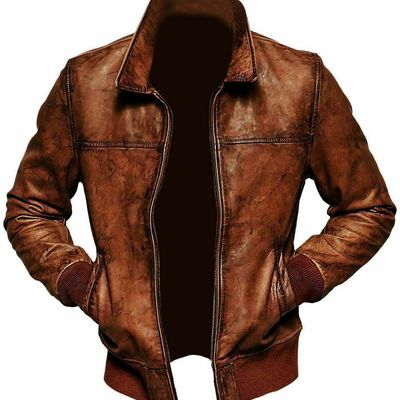 Handmade distressed leather men's brown bomber leather jacket