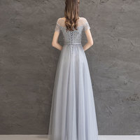 Gray tulle sequins long prom dress, blue evening dress - Thumbnail 4