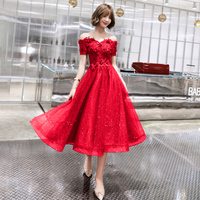 Burgundy tulle lace short A line prom dress, evening dress - Thumbnail 3